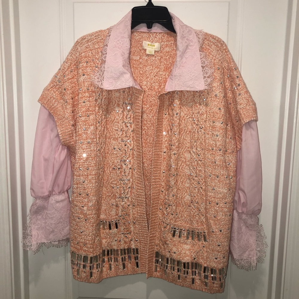 New RARE Maeve x Anthropologie Peach Crystal Cardigan Twofer Sweater Lace sz S